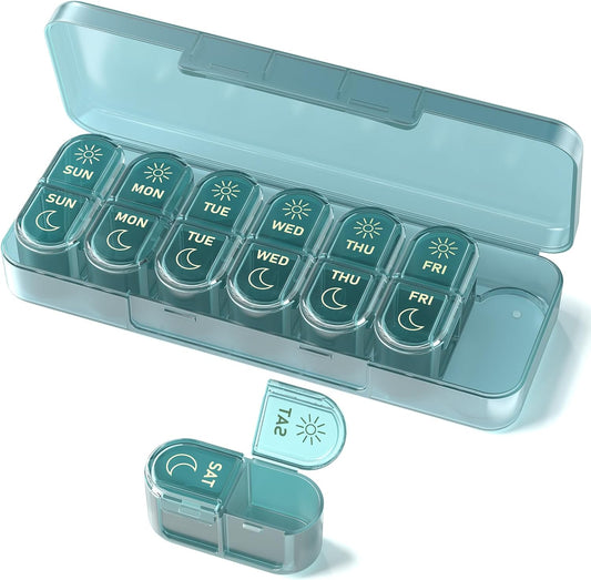 7-Day AM/PM Pill Organizer with Case｜Dual-Compartment Travel Medicine Box｜Compact Weekly Vitamin Storage｜Portable with Protective Outer Shell