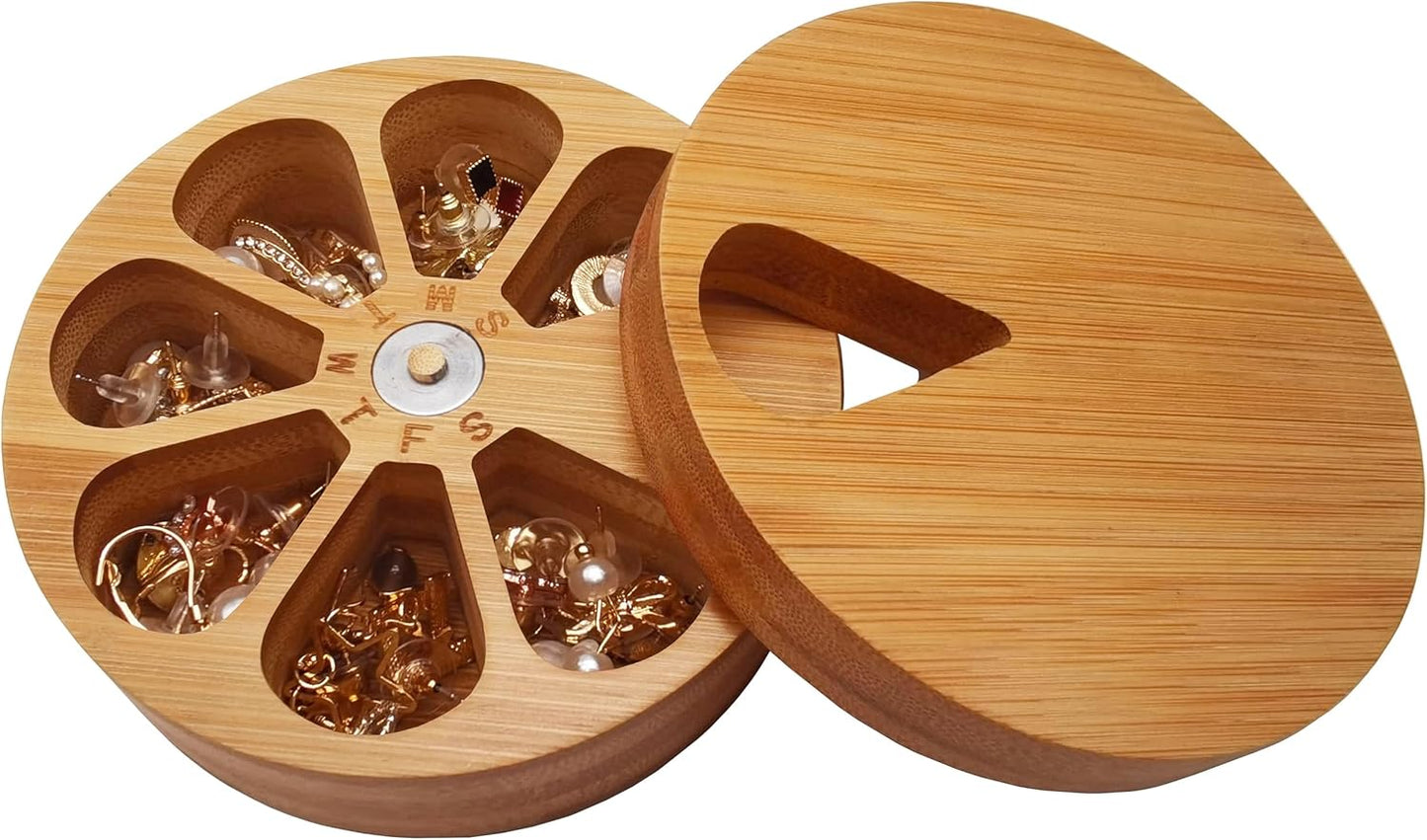 Bamboo 7-Day Rotating Pill Organizer｜Eco-Friendly Wooden Weekly Pill Box｜Round Capsule Storage with Slide-Out Daily Access