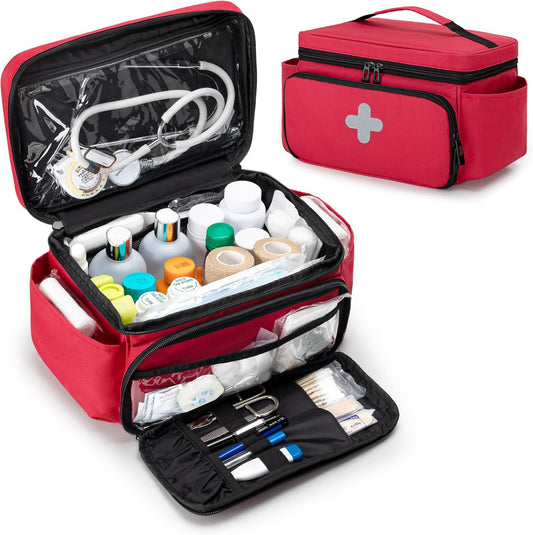 Large Capacity Portable First Aid Bag｜Medical Travel Organizer with Handle｜Water-Resistant Fabric Emergency Kit Bag｜Red