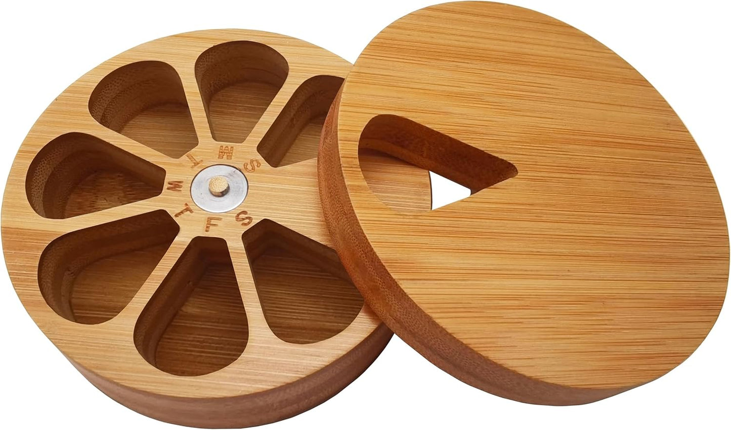 Bamboo 7-Day Rotating Pill Organizer｜Eco-Friendly Wooden Weekly Pill Box｜Round Capsule Storage with Slide-Out Daily Access