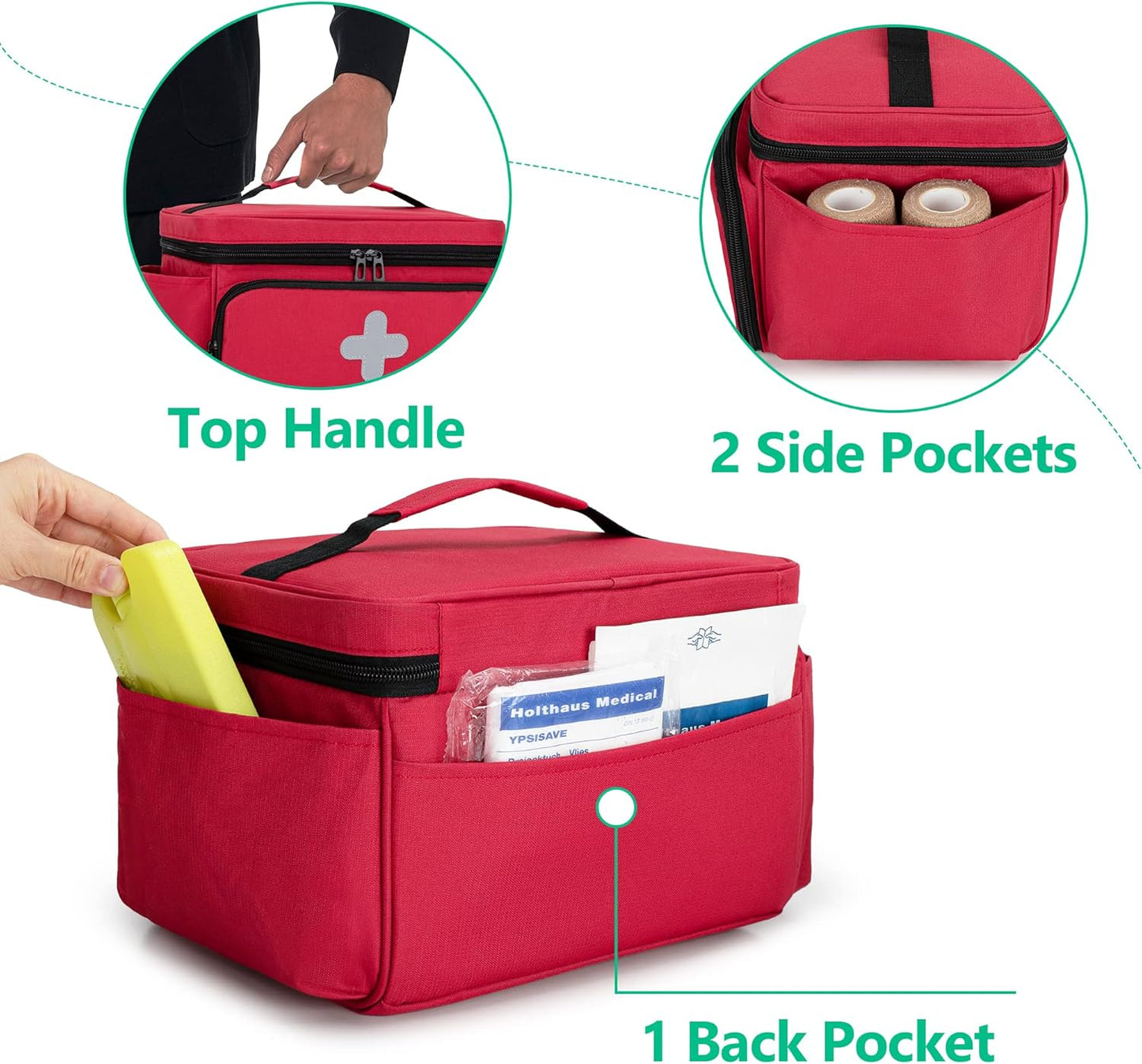 Large Capacity Portable First Aid Bag｜Medical Travel Organizer with Handle｜Water-Resistant Fabric Emergency Kit Bag｜Red