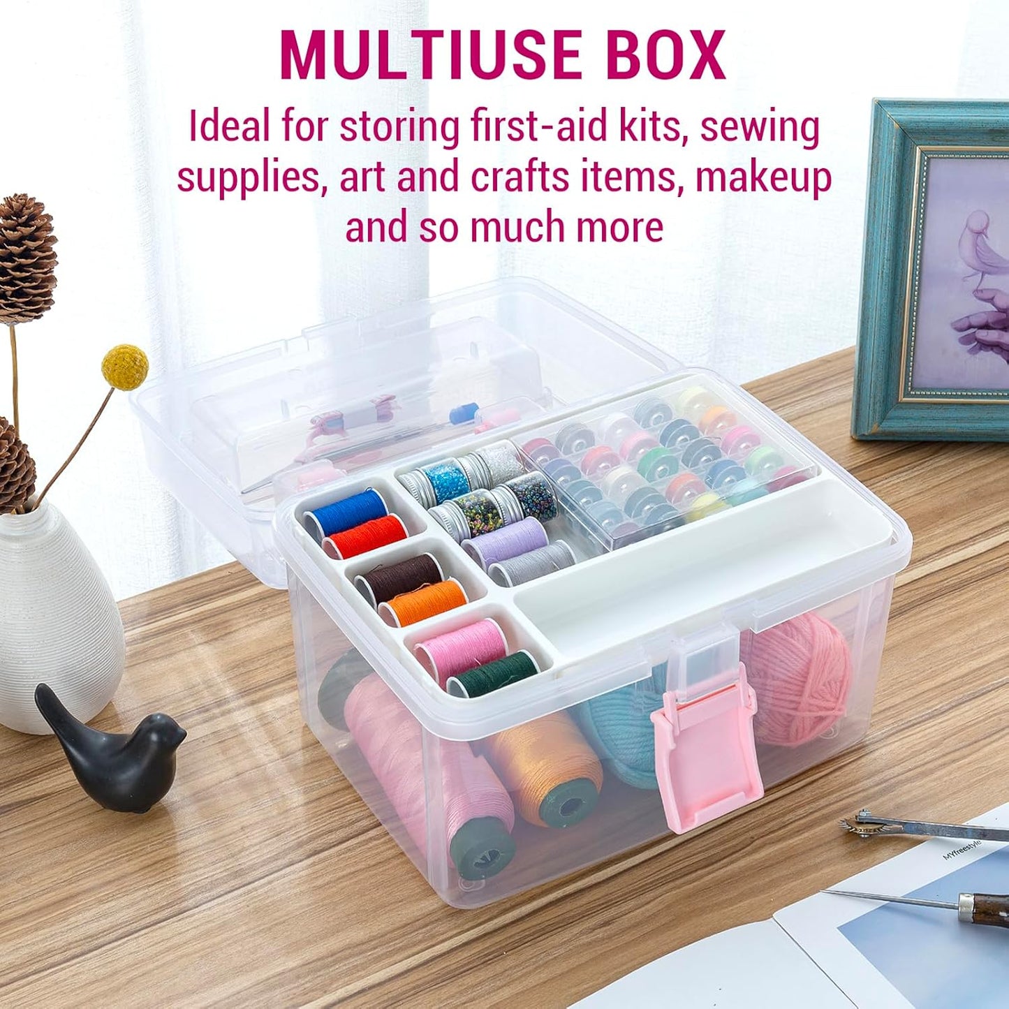 Portable Clear Plastic Medicine Organizer Box｜First Aid Storage with Handle and Locking Lid｜10 x 7.5 x 7 Inches