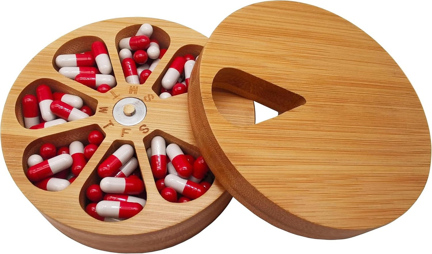 Bamboo 7-Day Rotating Pill Organizer｜Eco-Friendly Wooden Weekly Pill Box｜Round Capsule Storage with Slide-Out Daily Access